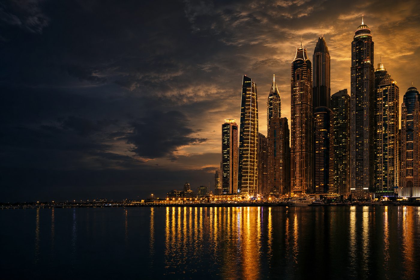 Dubai Marina skyline at dusk seen from the water