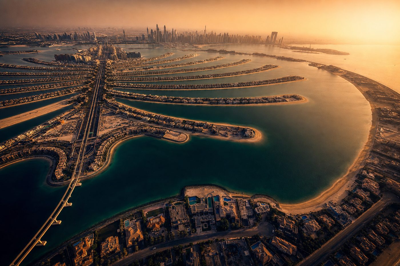Aerial view of Palm Jumeirah villas at golden hour in Dubai