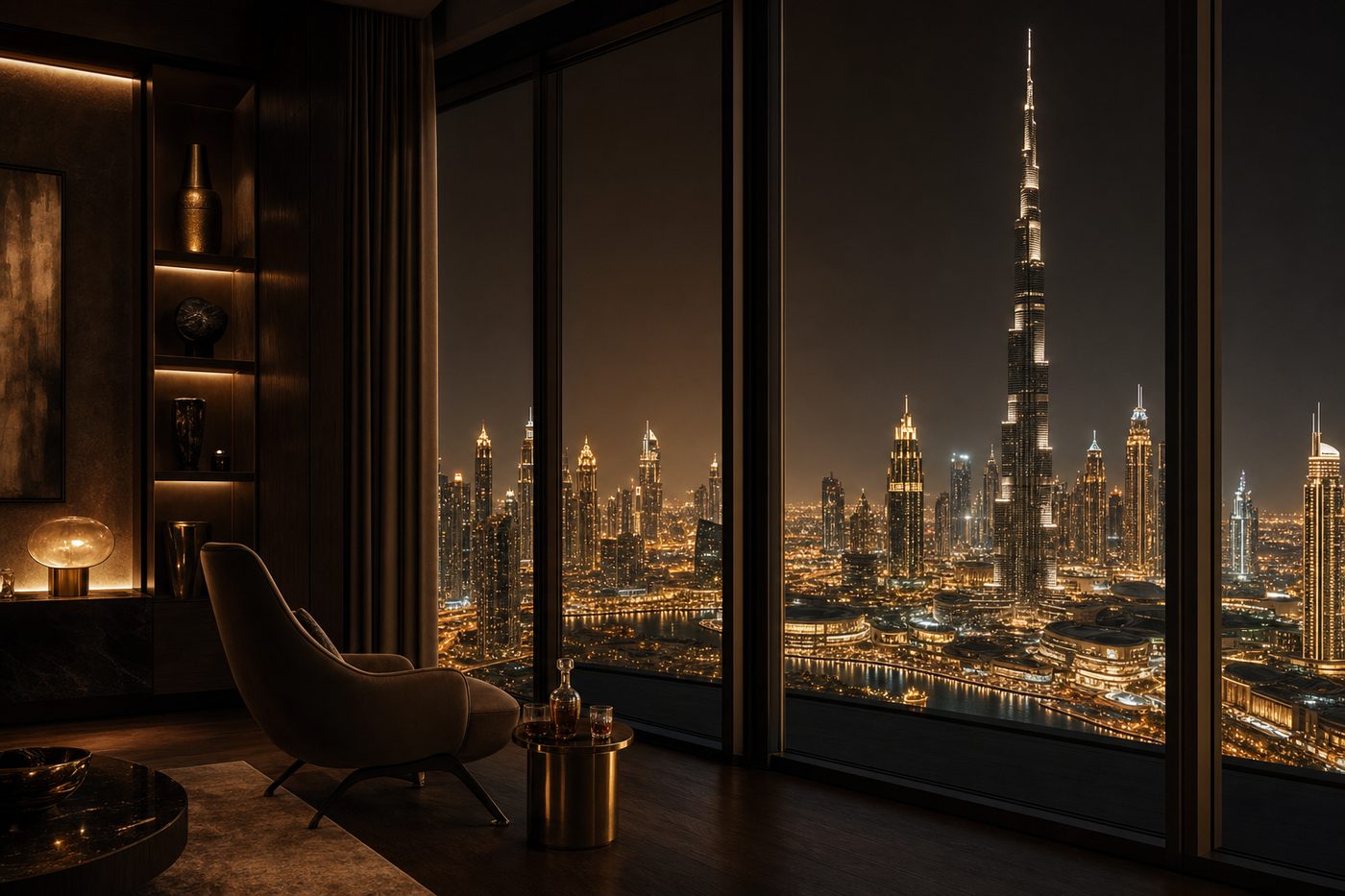 View of Dubai skyline from a luxury Dubai penthouse interior